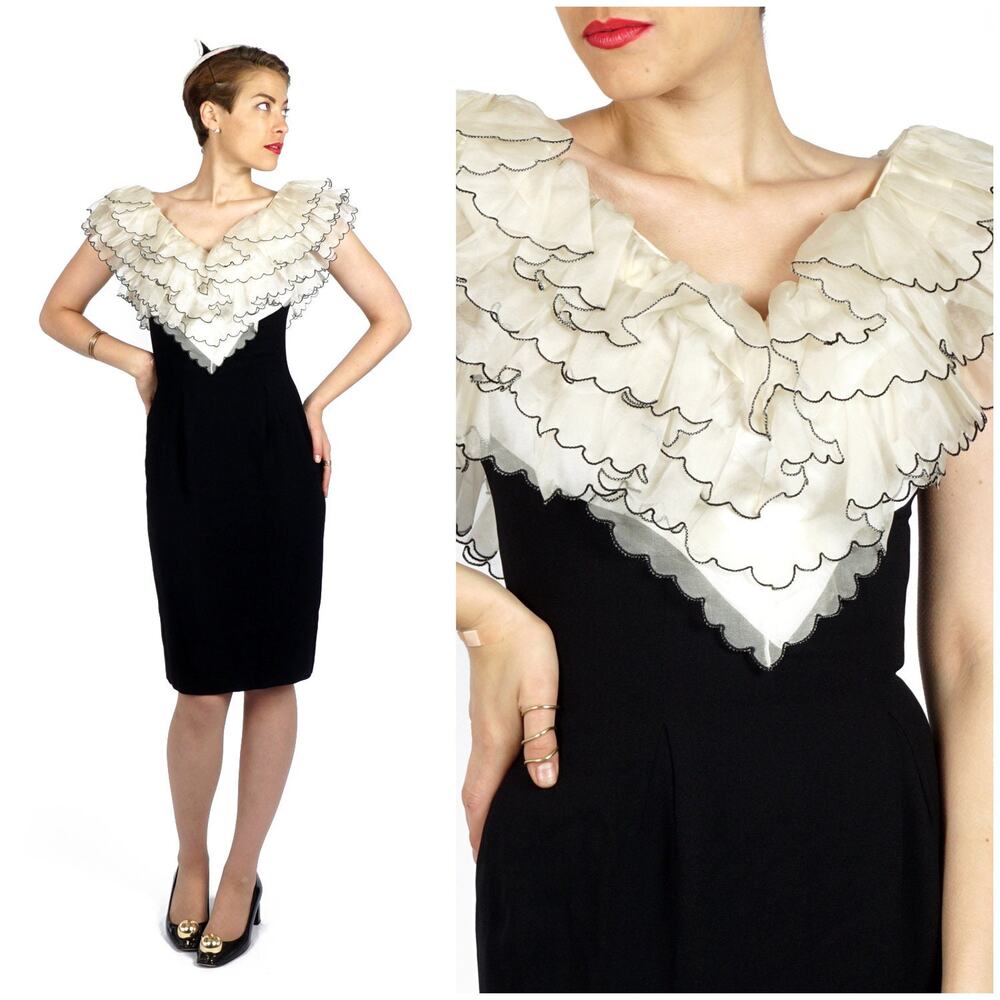 NWT Deadstock Vintage 60s/70s Black & White Dramatic Ruffle Wiggle Dress | S